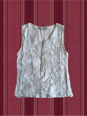 Lace Overlay Sleeveless Top - White